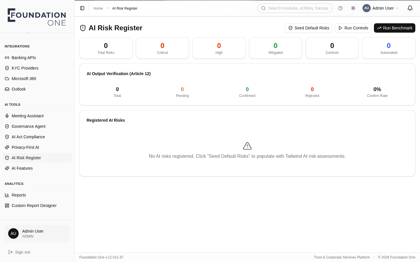 AI Risk Register — Track AI risks, controls and automated mitigations side by side — with EU AI Act article assessments and a live compliance score.